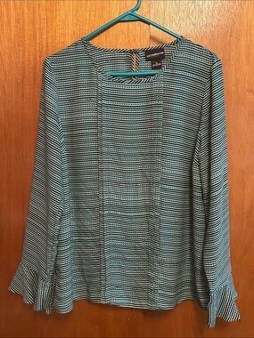 Liz Claiborne Teal and Black Striped Ruffle Cuff Blouse